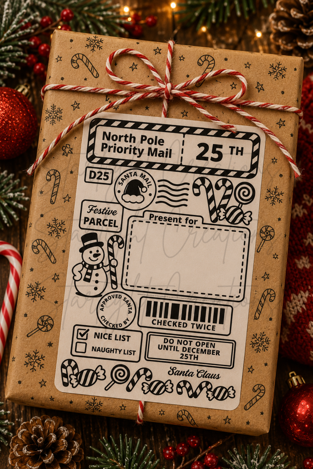 A wrapped gift box styled like a vintage Santa Claus mail parcel, wrapped in brown kraft paper with a red-and-white striped twine bow. The front features a large white holiday stamp design with black illustrations and text, including 'North Pole Priority Mail,' 'Festive Parcel,' and 'Santa Claus.