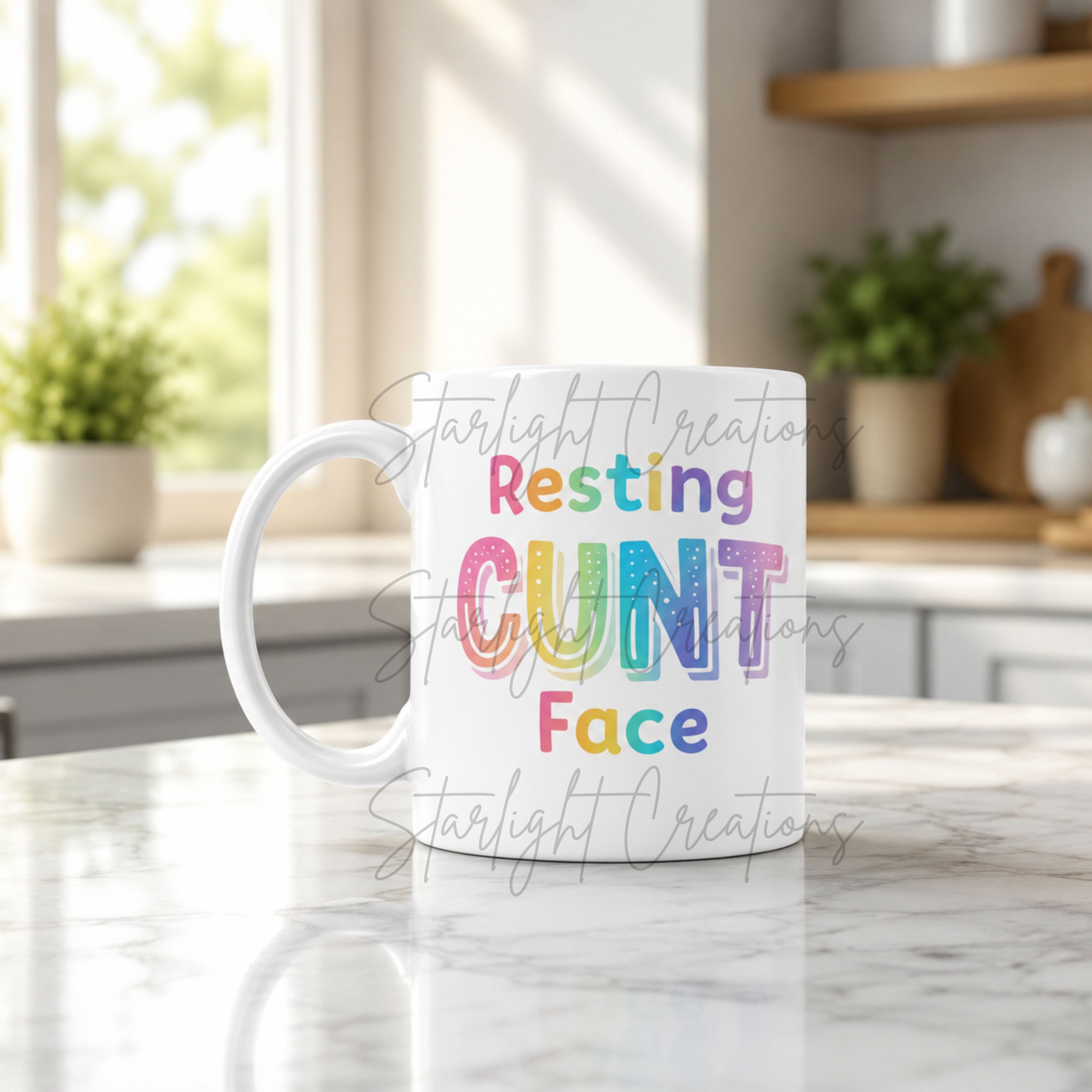 Mug with colorful text on a kitchen counter