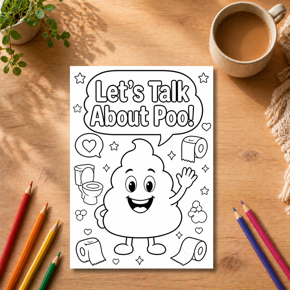 A black and white coloring page featuring a cartoon poop character and the text 'Let's Talk About Poo!' surrounded by toilet paper, a toilet, and small icons, displayed on a wooden desk with colored pencils, a plant, and a cup of coffee.