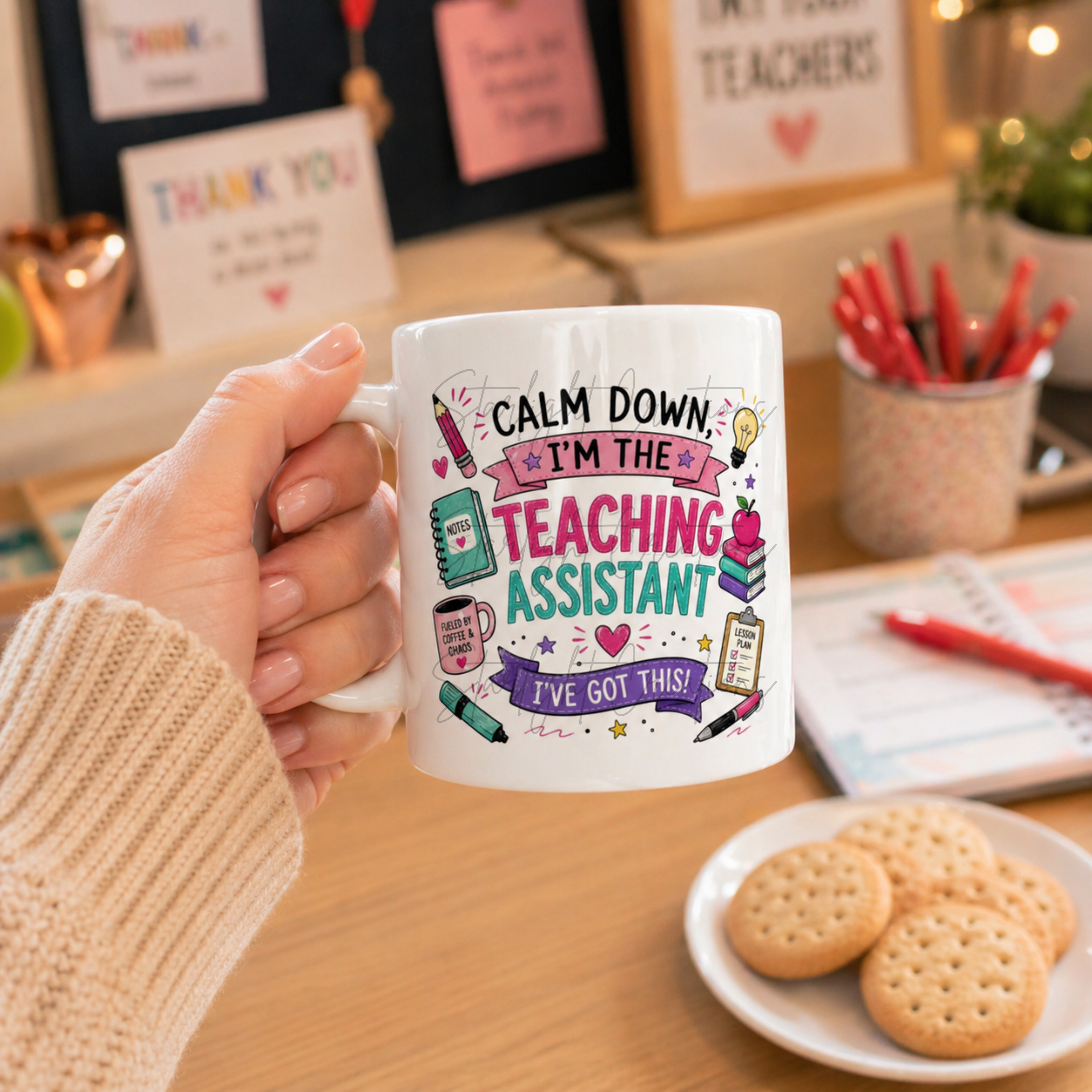 Funny teaching assistant mug printed with 'Calm Down I'm the Teaching Assistant'
