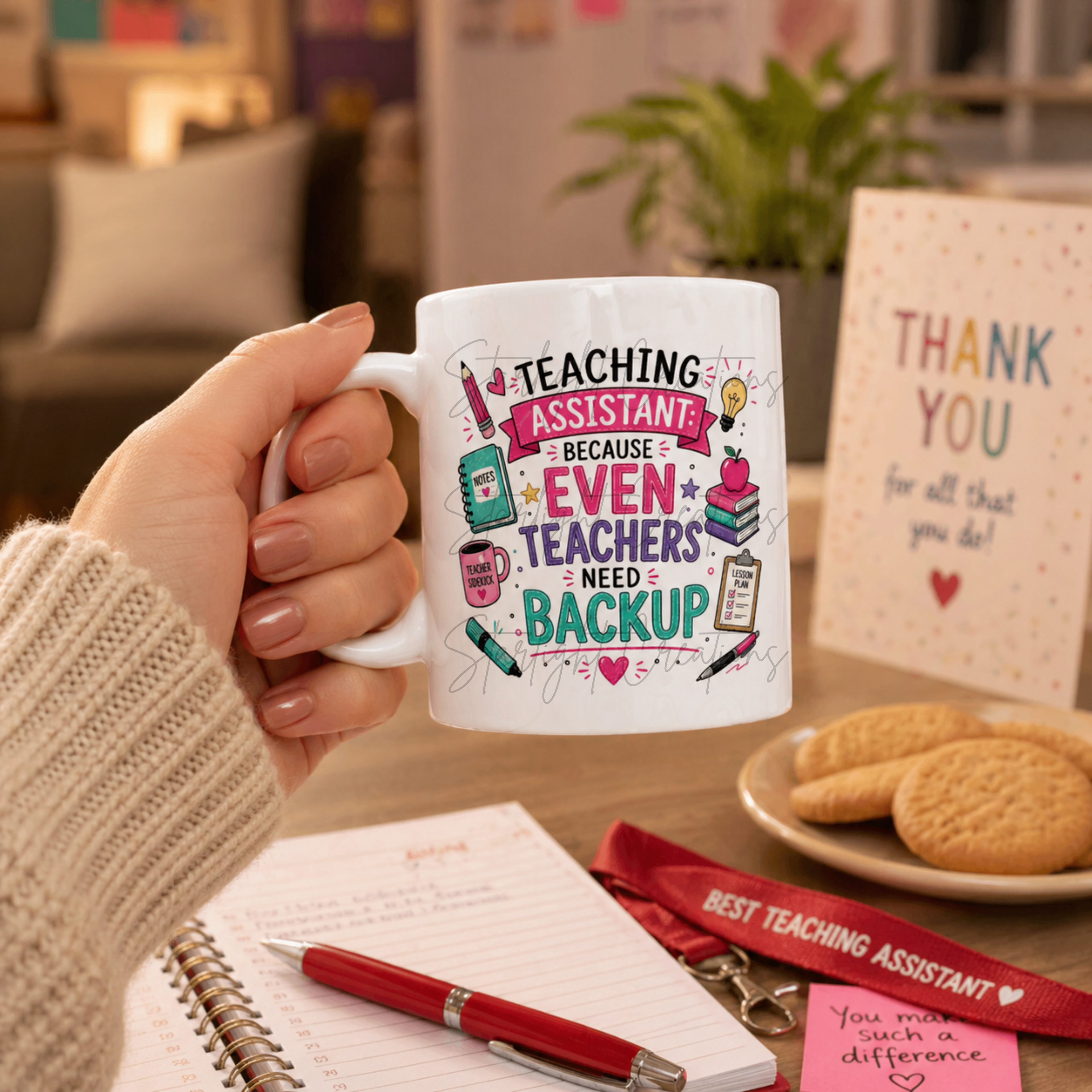 Teaching assistant mug with 'Even Teachers Need Backup' printed design