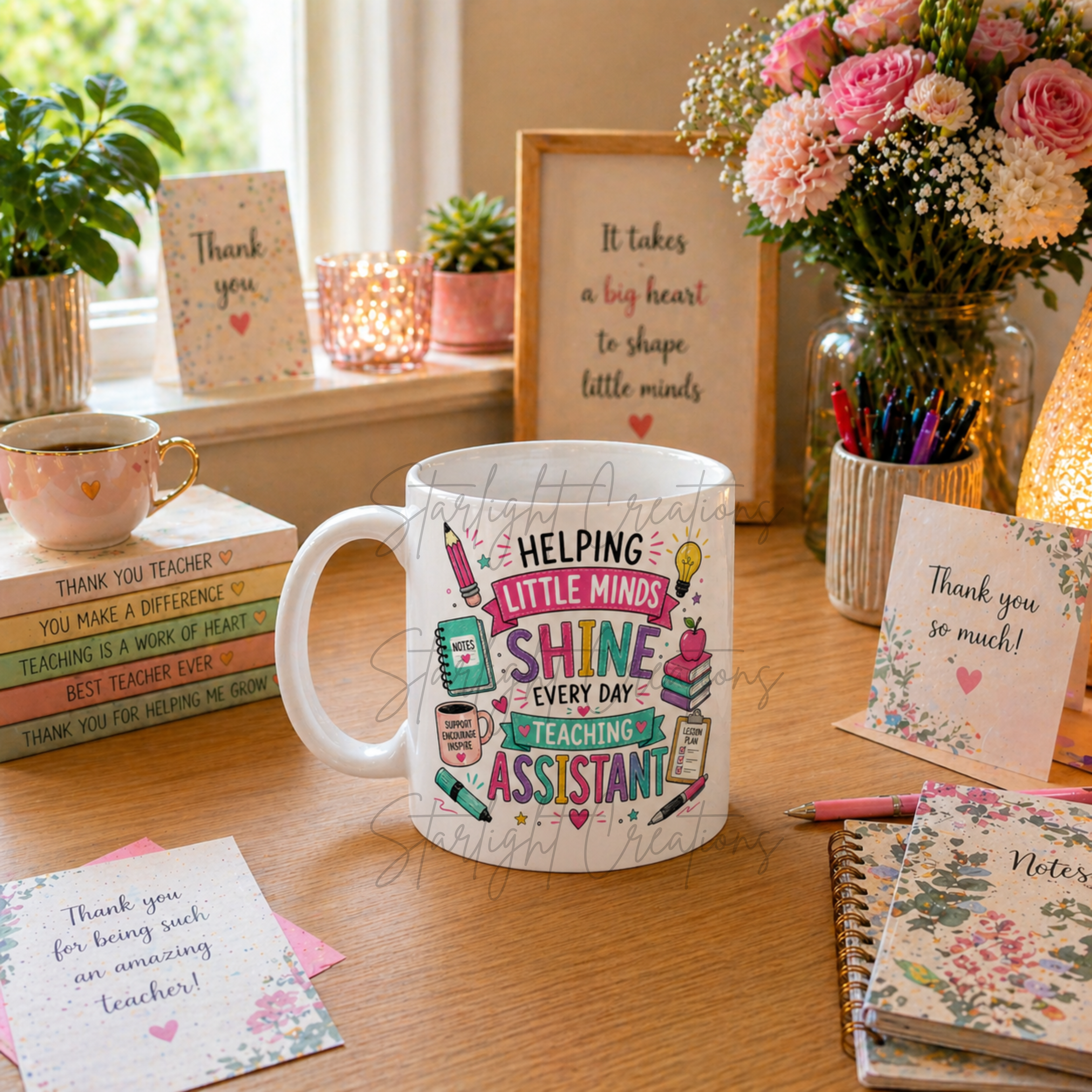 White ceramic mug gift for a teaching assistant shown on a classroom desk