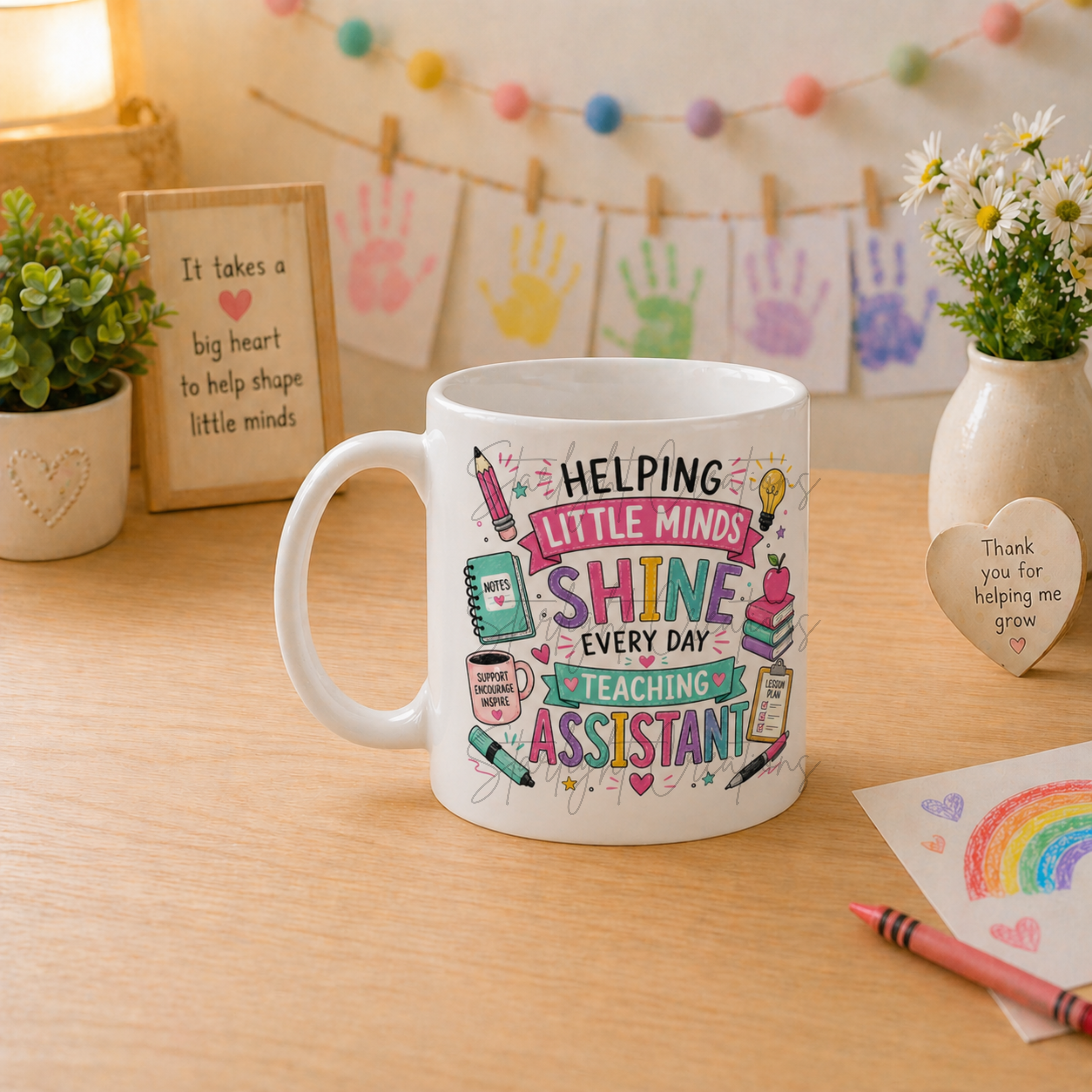 Close-up of the printed design on the teaching assistant appreciation mug