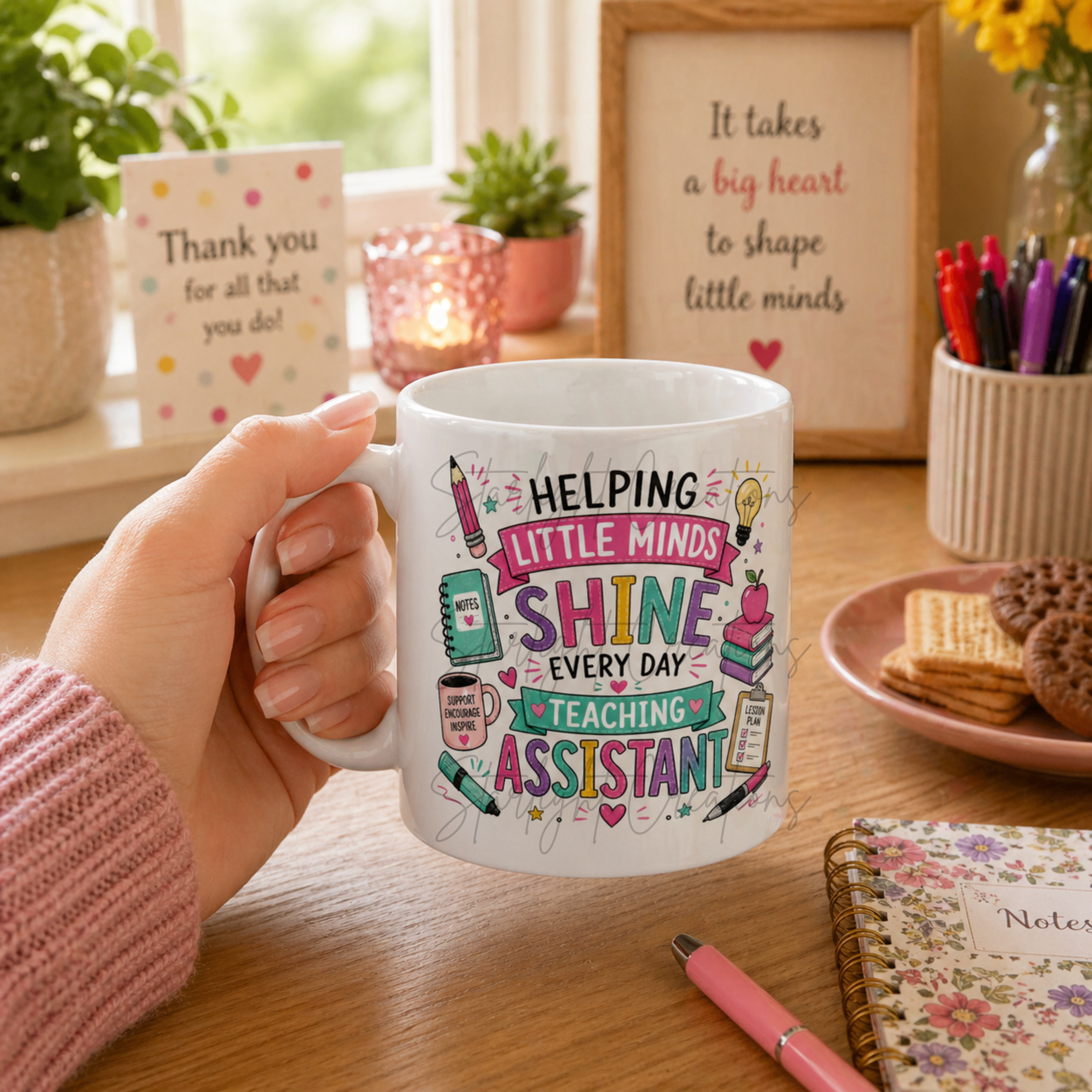 Person holding a mug with 'Teaching Assistant' design in a home office setting.