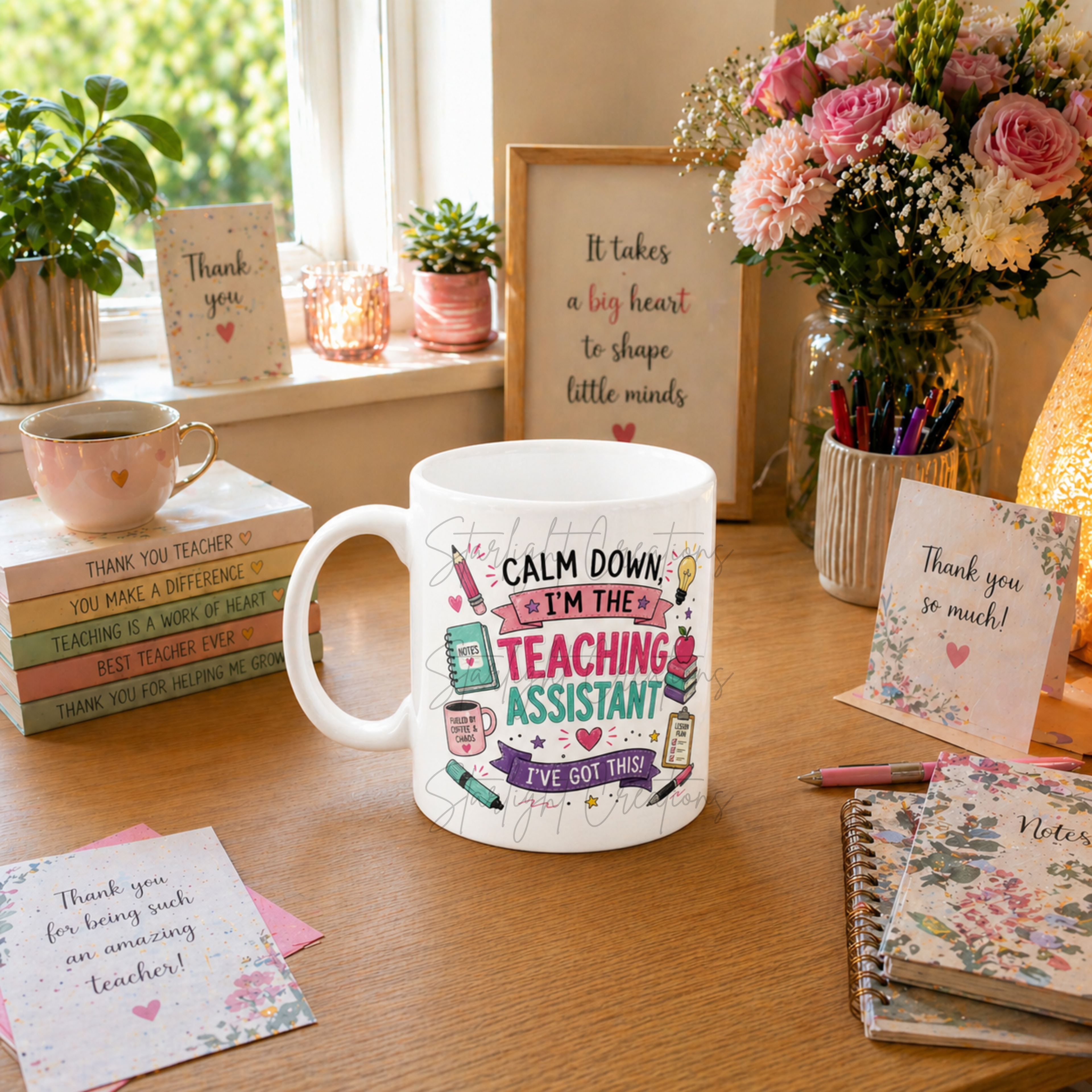 Teaching assistant mug on a desk with books, flowers, and stationery.