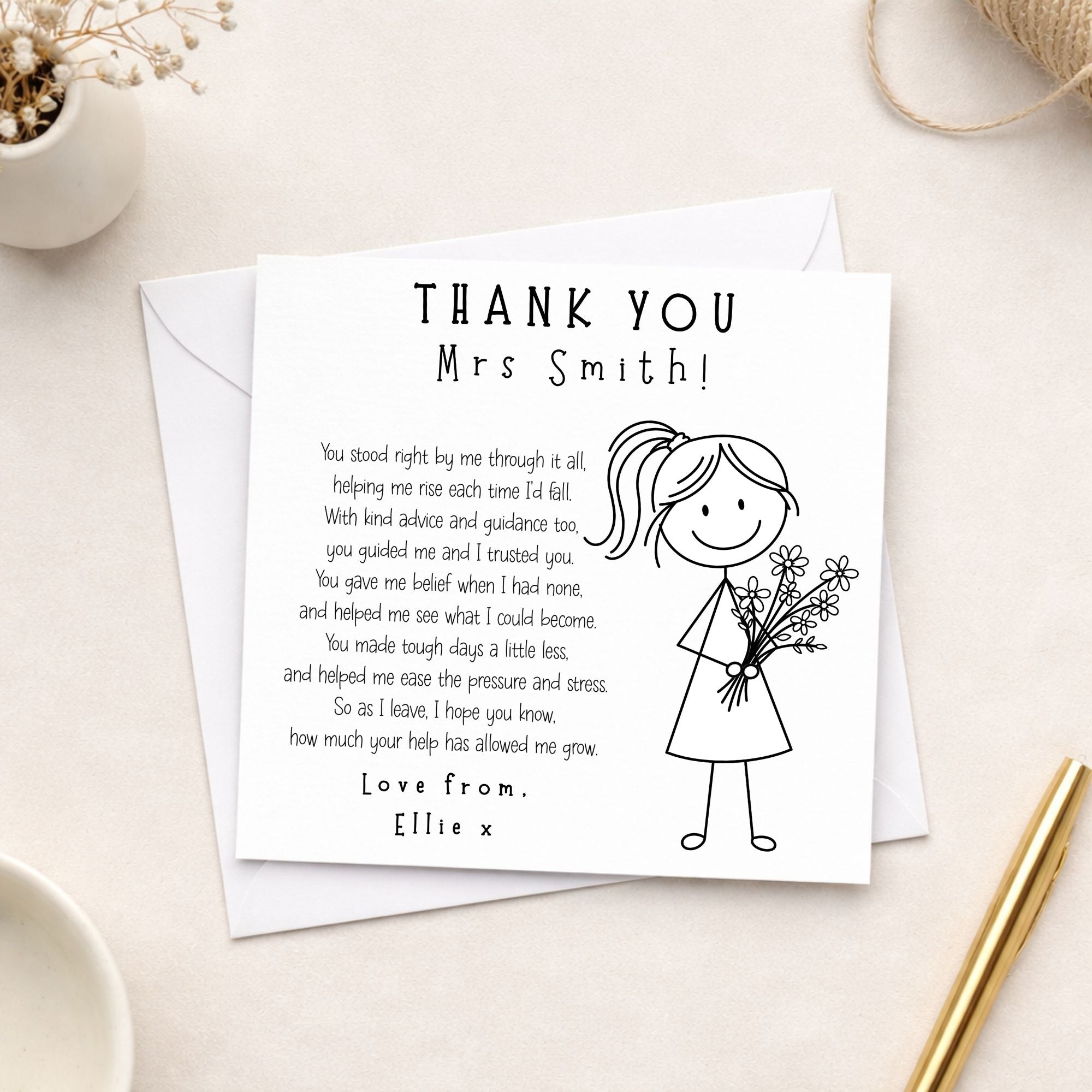 Thank you card for a teacher with a personalized message on a white surface.