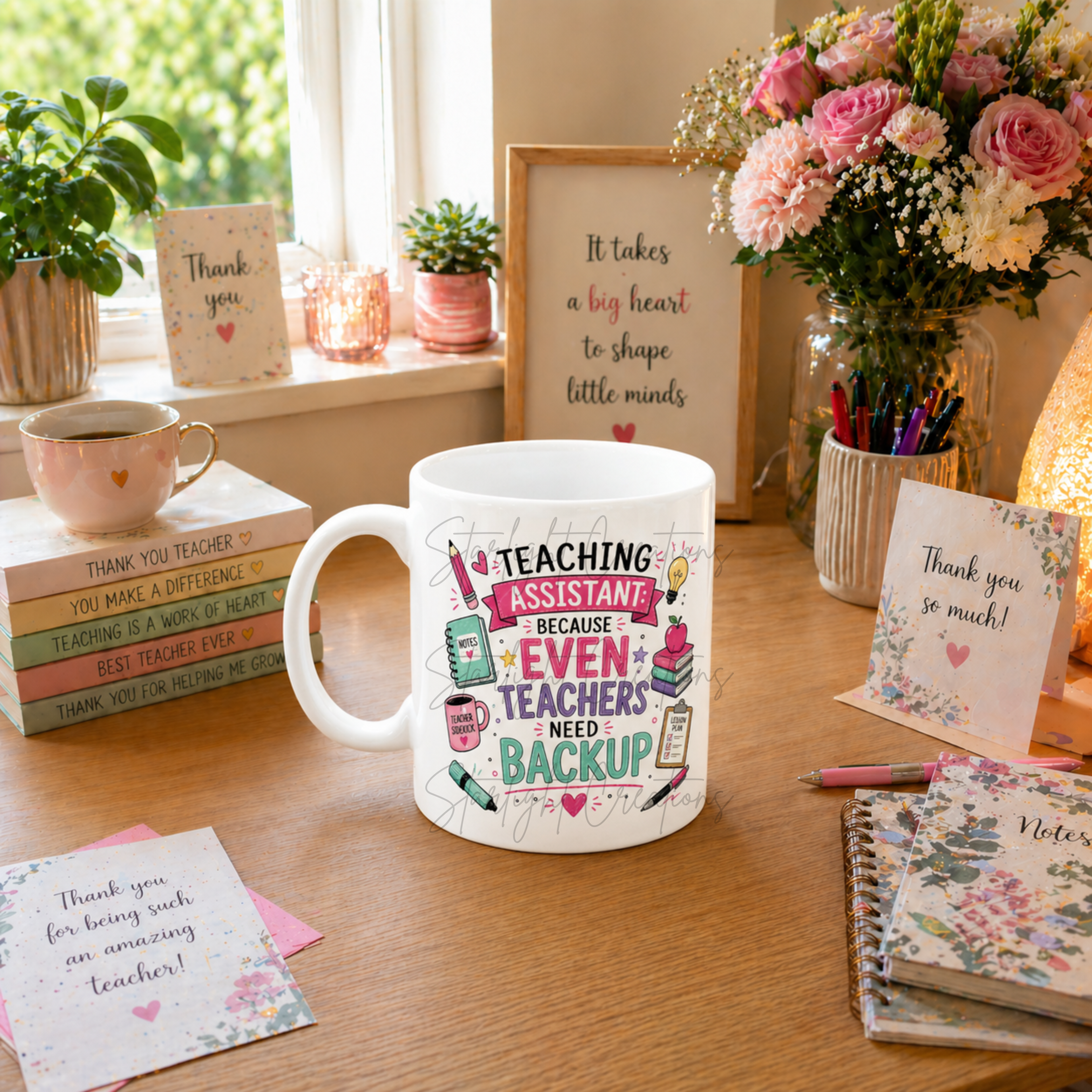 Thank you gift mug for a TA photographed next to a matching teacher mug