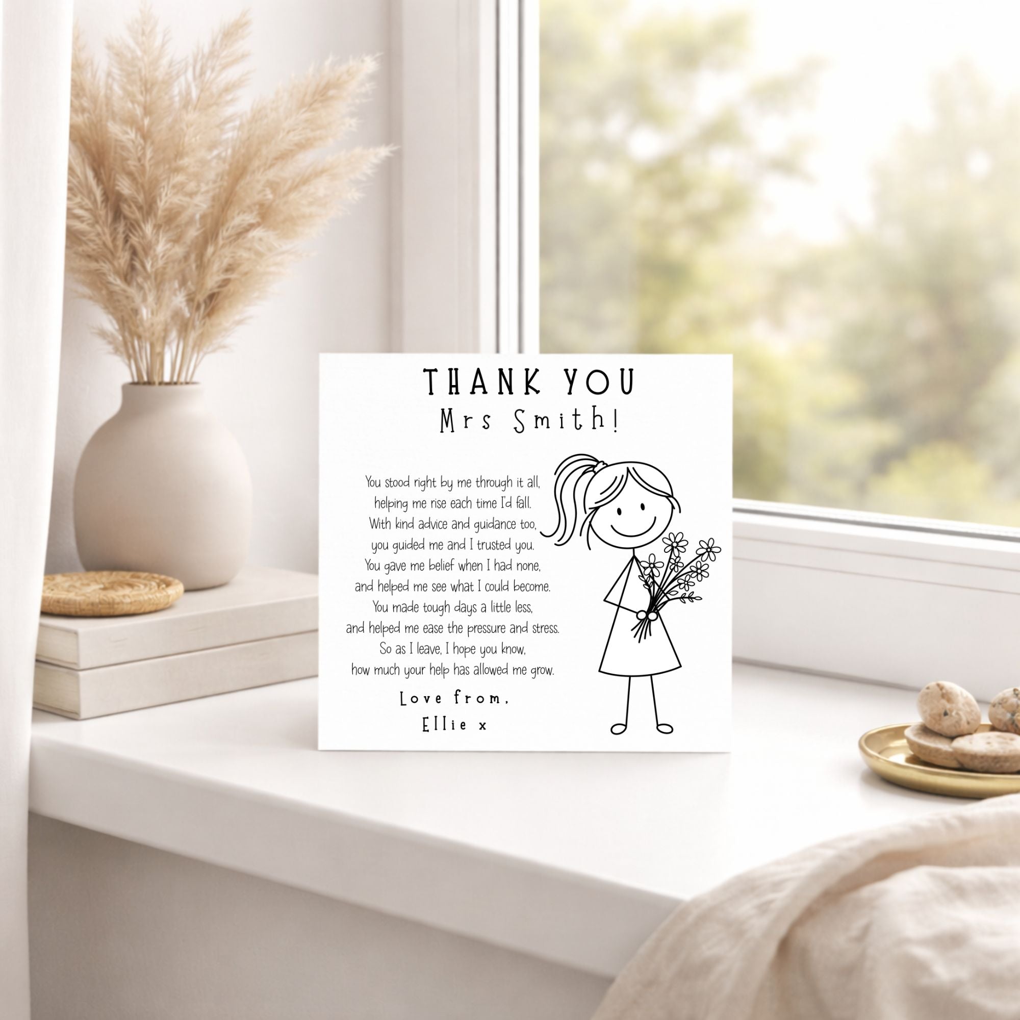 Thank you card for Mrs. Smith on a windowsill with decorative elements.