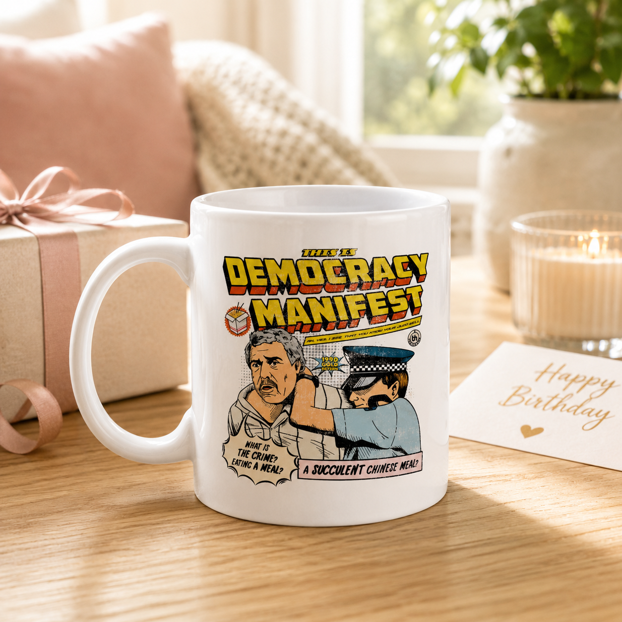 Democracy Manifest funny mug with succulent Chinese meal comic strip design, 11oz ceramic