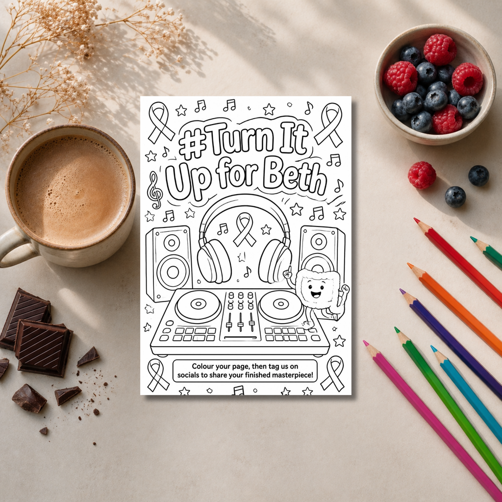 A black-and-white printable coloring page with the text '#Turn It Up for Beth' and a DJ setup illustration, styled on a beige surface with a coffee cup, berries, chocolate, colored pencils, and dried flowers around it.