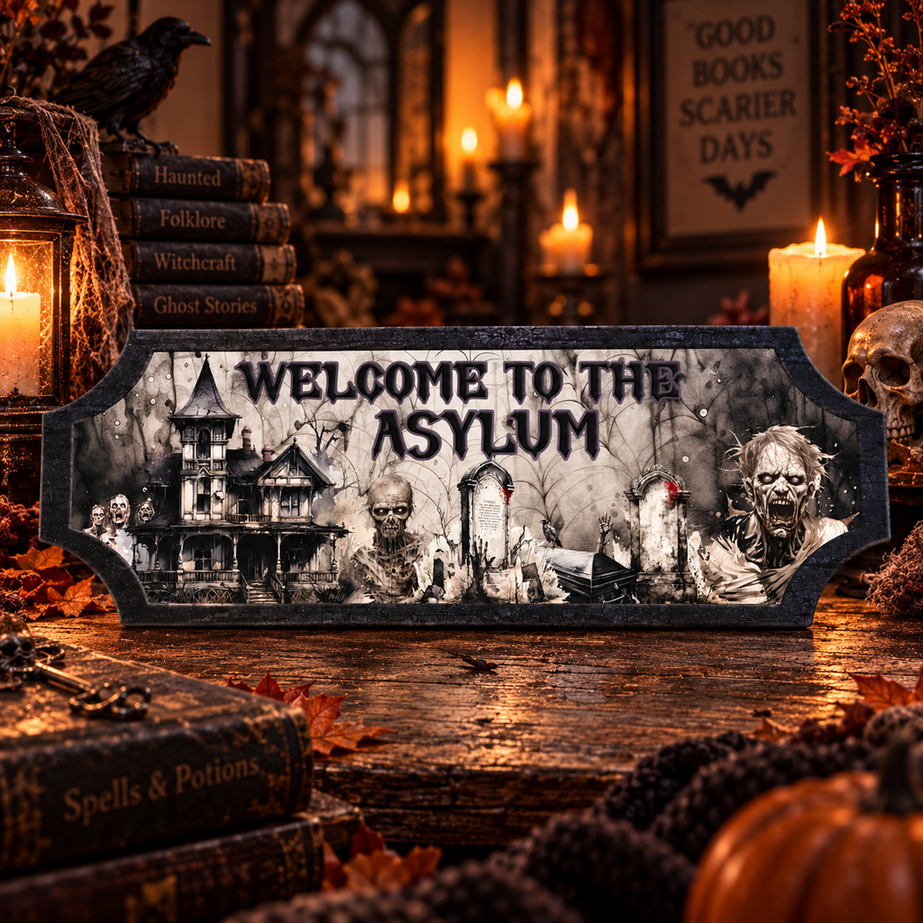 A Halloween-themed decorative sign reading 'WELCOME TO THE ASYLUM' displayed on a rustic wooden table surrounded by candles, old books, a skull, and autumn decor in a dimly lit room.