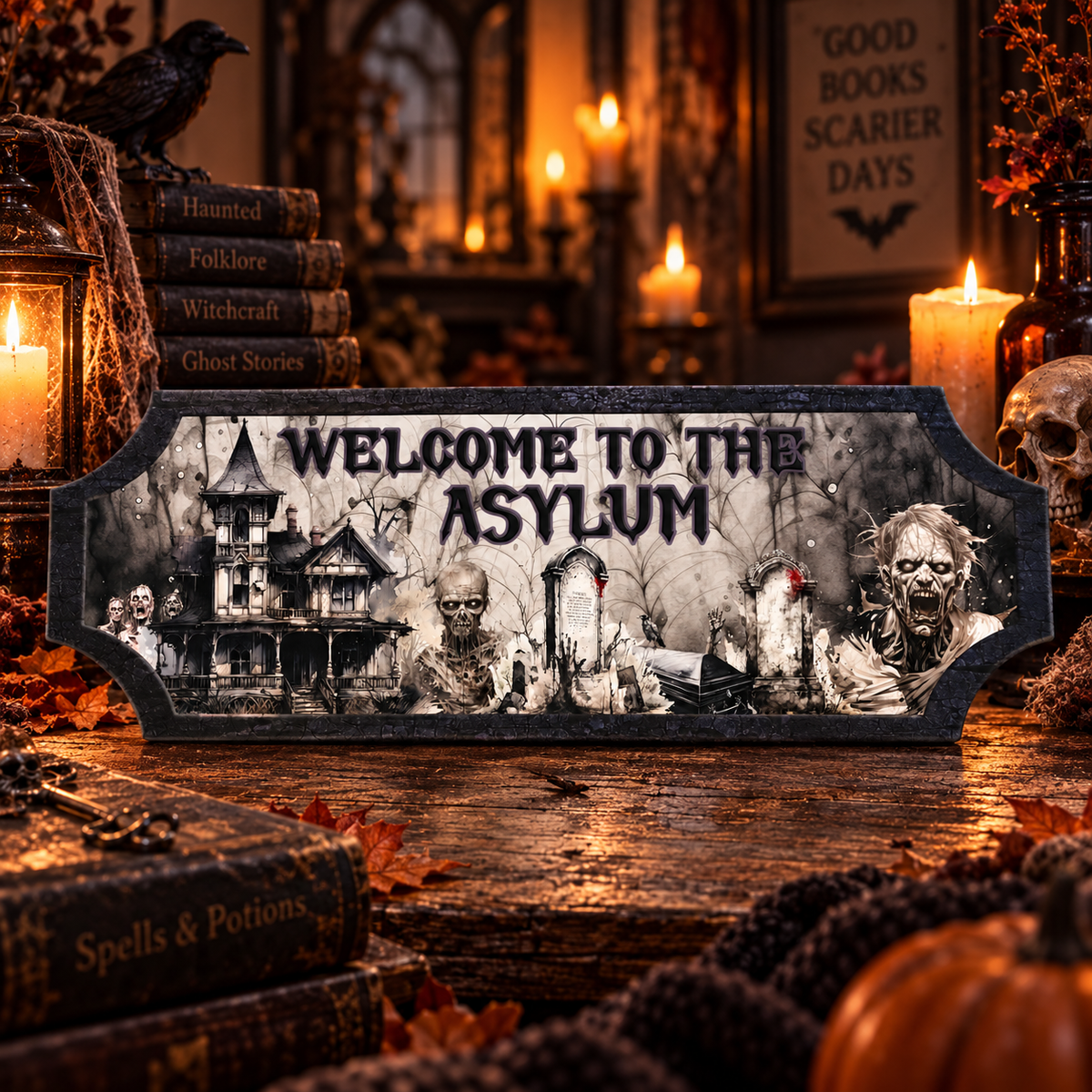 A Halloween-themed decorative sign reading 'WELCOME TO THE ASYLUM' displayed on a rustic wooden table surrounded by candles, old books, a skull, and autumn decor in a dimly lit room.