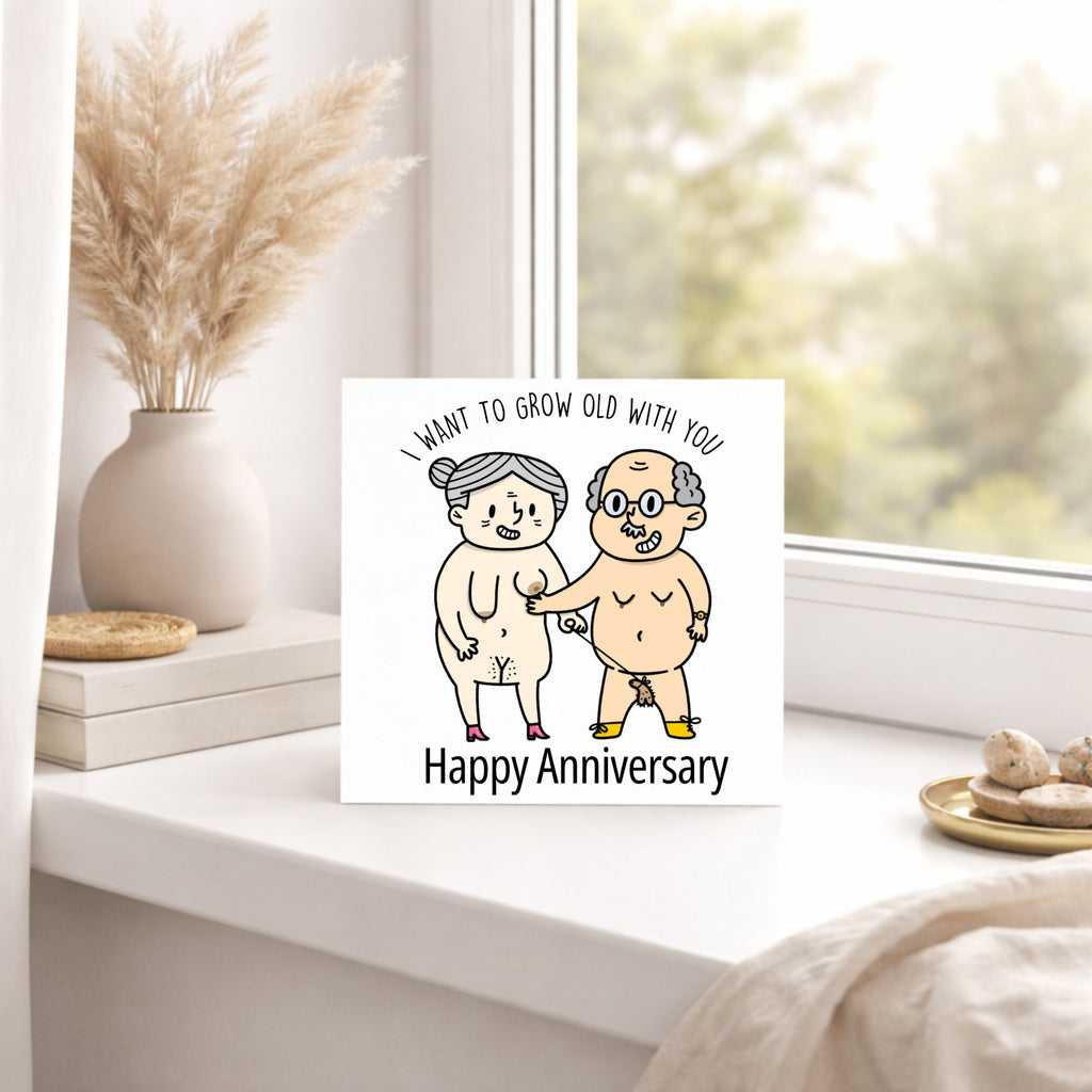 Card with cartoon illustration of elderly couple on a windowsill with decorative items.