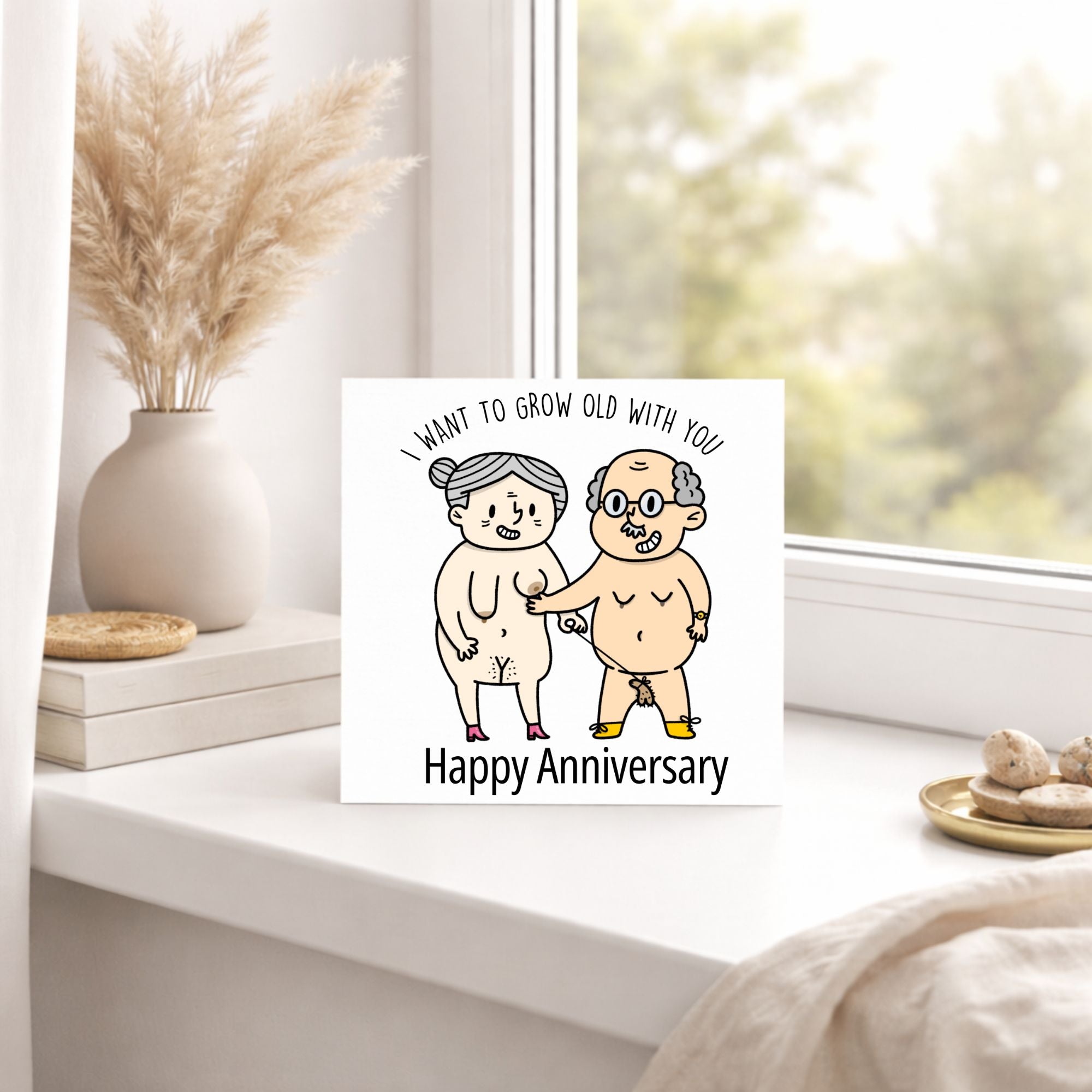 Card with cartoon illustration of elderly couple on a windowsill with decorative items.