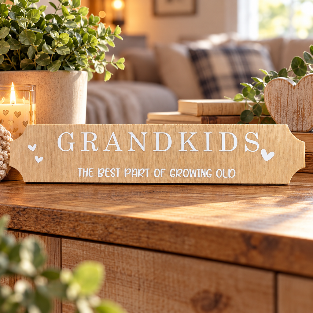 A light natural wood sign engraved with the words 'GRANDKIDS THE BEST PART OF GROWING OLD' and small heart accents, displayed on a wooden table in a cozy living room setting.